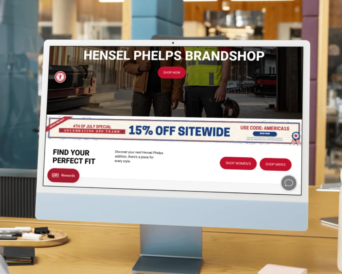 Hensel Phelps BrandShop homepage running a sitewide promotional campaign