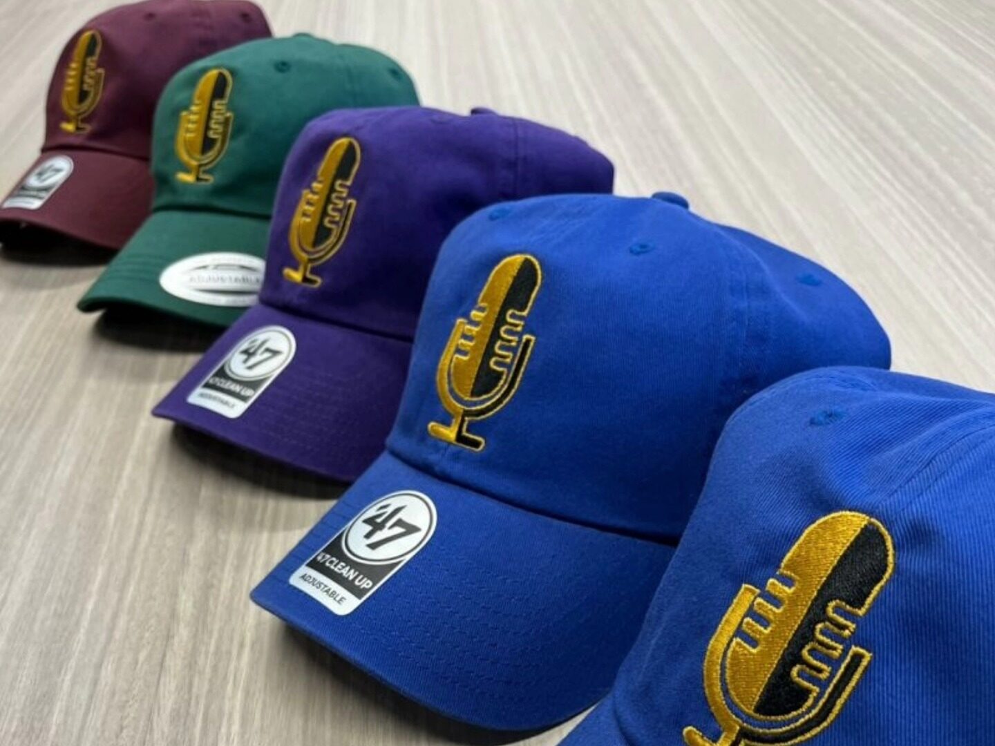 Close-up of embroidered branded caps