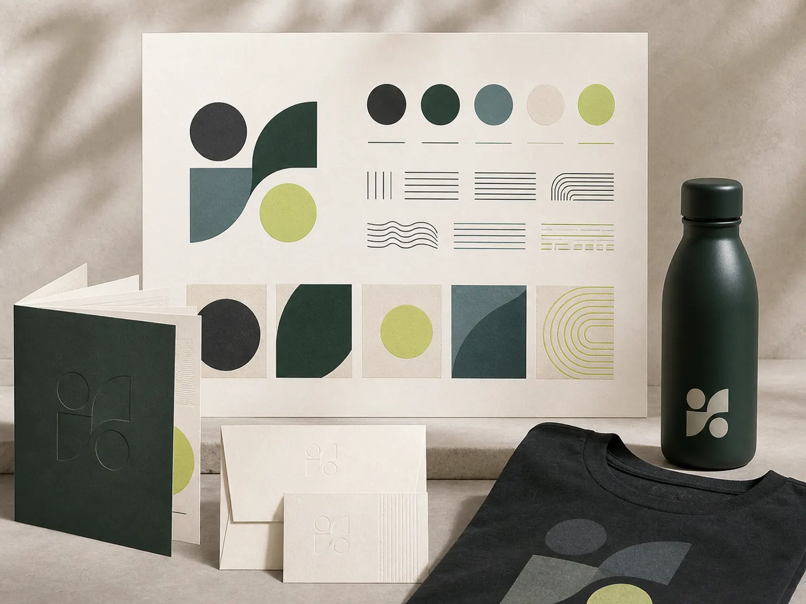 Conceptual illustration of an identity and visual system applied across touchpoints