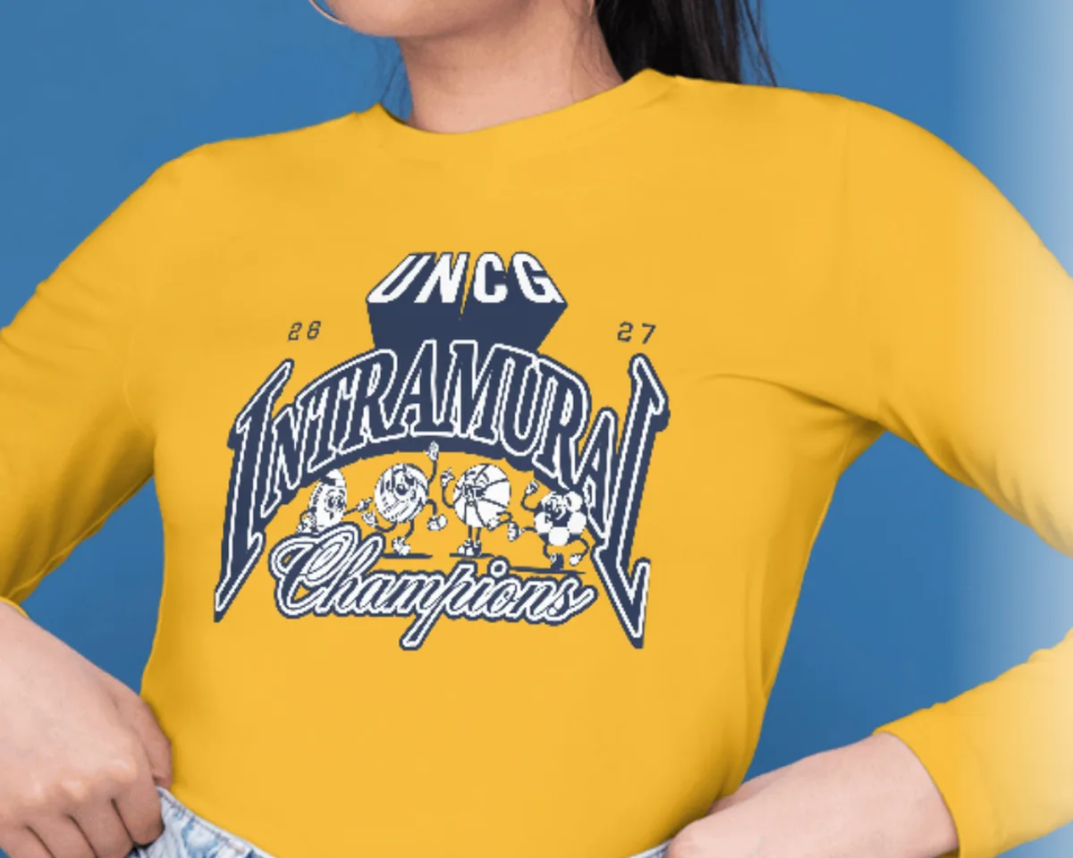 UNC Greensboro intramural champion shirt in gold with navy championship artwork
