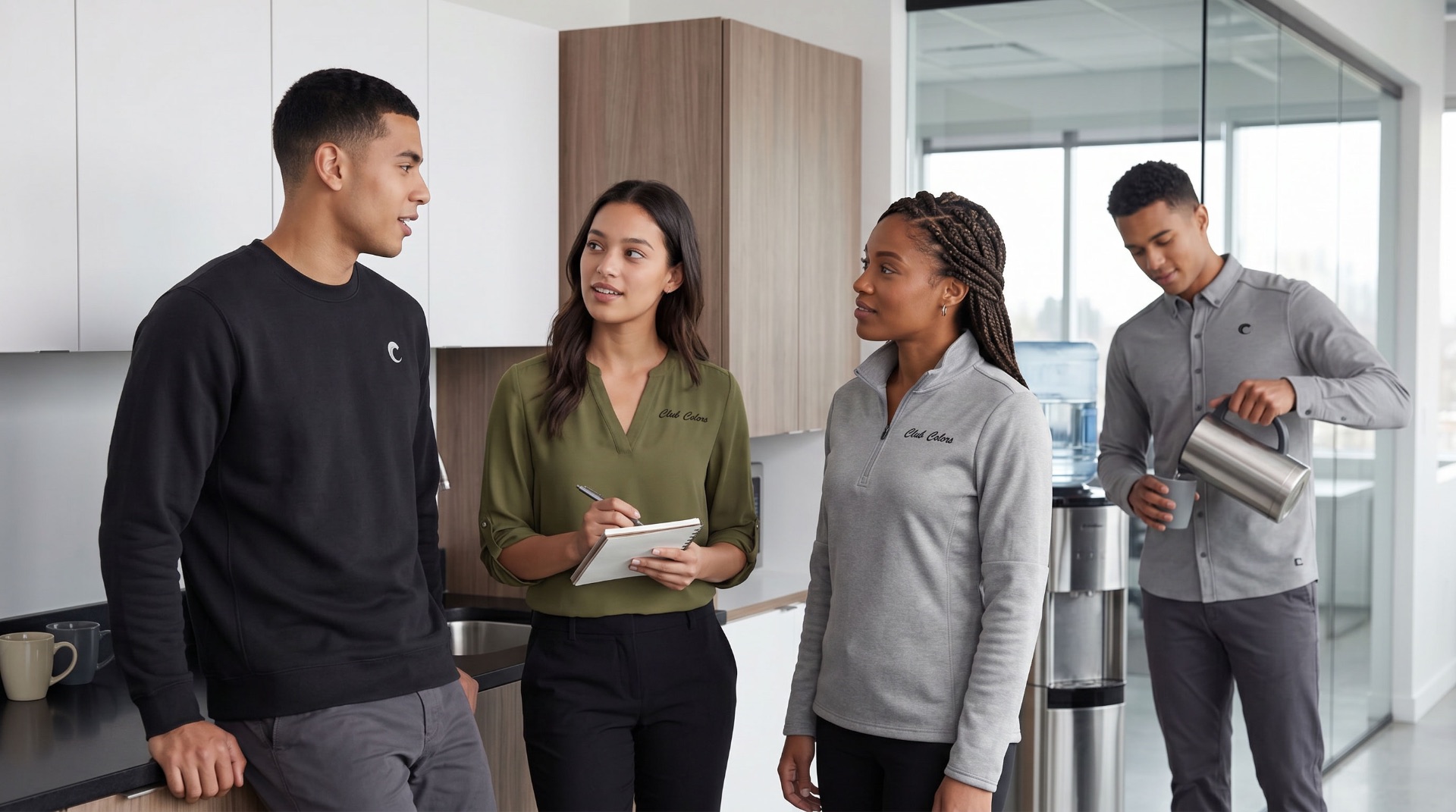 Diverse group of corporate professionals collaborating in a modern office pantry